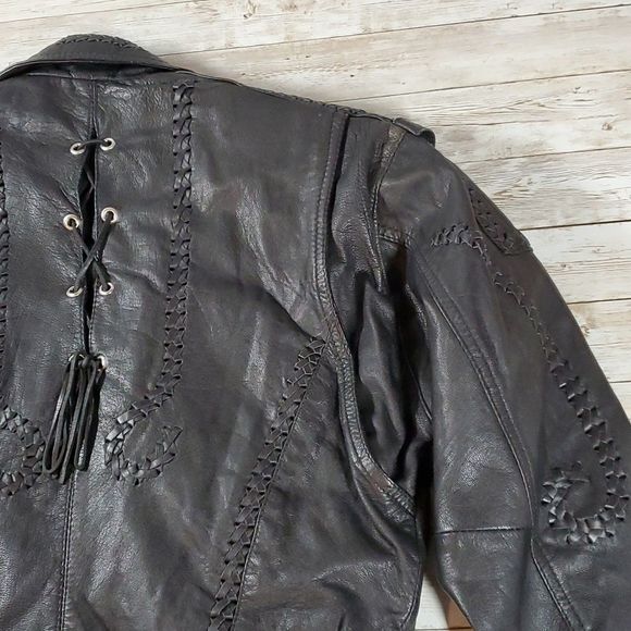 Vintage Leather Protech Cropped Laced Braided Woven Studded Biker Moto Jacket‎ 8 - Picture 11 of 16